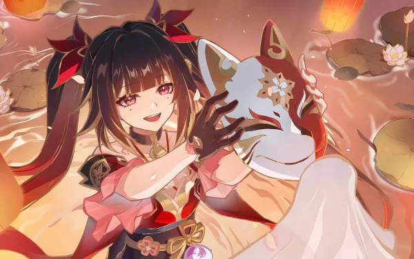 Honkai: Star Rail Sparkle character HD desktop wallpaper featuring a smiling anime style girl with fox ears, amidst a warm festive background.