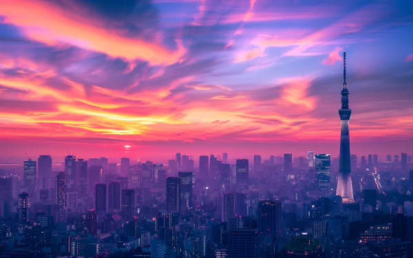 A stunning HD wallpaper of Tokyo at sunset, featuring the iconic Tokyo Skytree against a vibrant sky filled with purple and orange hues, capturing the city's skyline in breathtaking detail.