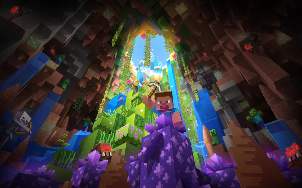 HD Minecraft wallpaper featuring an in-game character in a vibrant cave environment for desktop background.