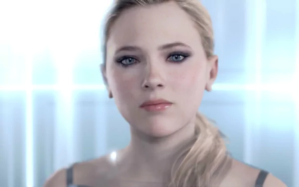 HD desktop wallpaper featuring a close-up of a female character from the video game Detroit: Become Human, set against a soft blue background with futuristic elements.