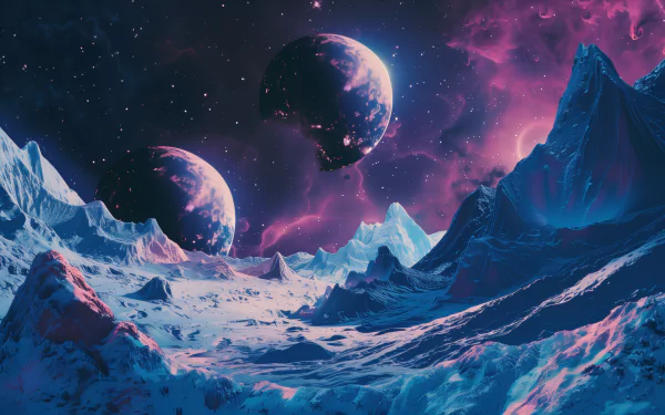 A stunning HD wallpaper featuring a vibrant galaxy over a desert planet, with majestic mountains and two planets illuminating the cosmic landscape.