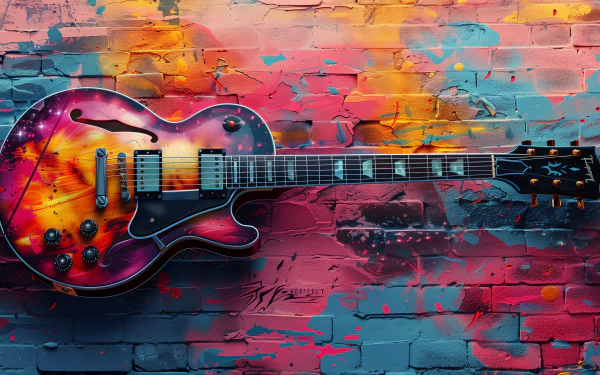 Colorful electric guitar on a vibrant graffiti wall, HD wallpaper for desktop background.