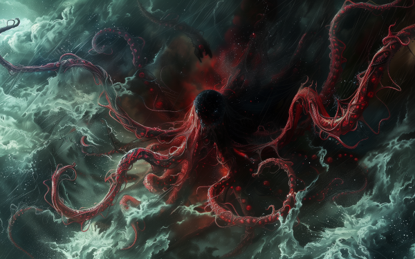 High-definition desktop wallpaper of a stylized red octopus with extended tentacles in a turbulent ocean setting, creating a mysterious and dramatic digital background.