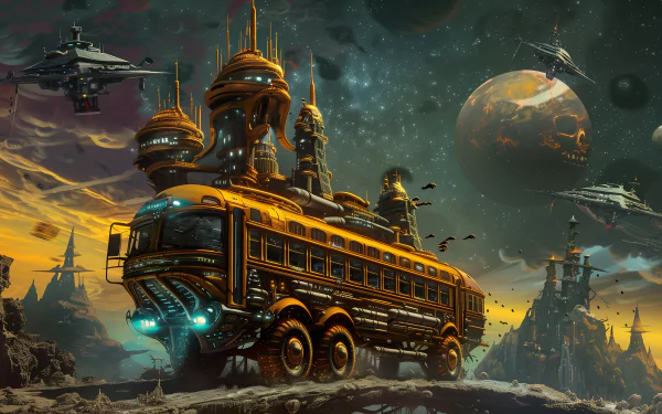 A futuristic school bus travels through a vibrant space landscape, surrounded by alien structures and spacecraft, creating an imaginative and intriguing scene for a desktop wallpaper.