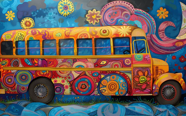 HD desktop wallpaper featuring a colorful, artistic school bus with psychedelic patterns on a vibrant background.