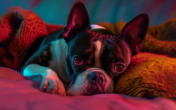 HD wallpaper featuring a Boston Terrier resting on colorful bedding, creating a vibrant backdrop for a desktop.