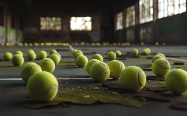 HD wallpaper of scattered tennis balls in an abandoned, dimly-lit building, creating a moody background.