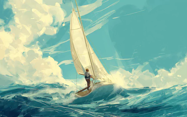 HD wallpaper of a sailor navigating a boat on the ocean with sails billowing against a backdrop of blue skies and dynamic waves.