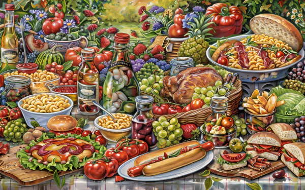 HD desktop wallpaper featuring a bountiful feast with macaroni and cheese, a hot dog, a turkey sandwich, and fresh tomatoes among a variety of colorful foods.