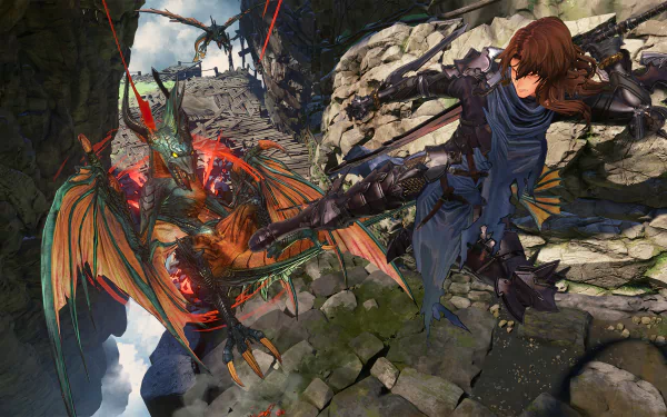 HD desktop wallpaper featuring a dynamic scene from Granblue Fantasy: Relink, showcasing a character in combat with a fiery-winged creature amid ancient ruins.