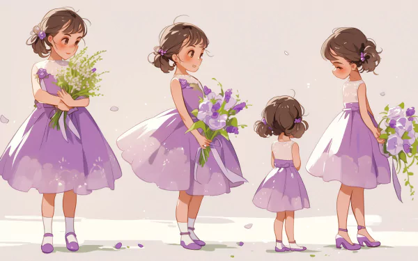 A charming HD wallpaper showcasing a young girl in a beautiful purple dress, depicted in four soft, playful poses, each holding flowers against a light background.
