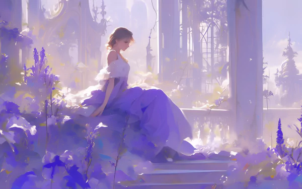 Woman in purple dress sitting surrounded by flowers with sunlight filtering through trees, HD desktop wallpaper and background.