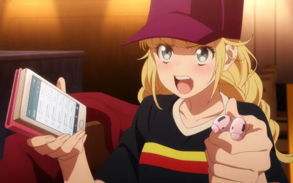 Anime character from Ya Boy Kongming! with a smartphone and wearing a hat, in a HD desktop wallpaper.