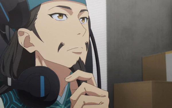 HD wallpaper featuring a close-up image of an anime character from 'Ya Boy Kongming!' with a thoughtful expression, wearing headphones.