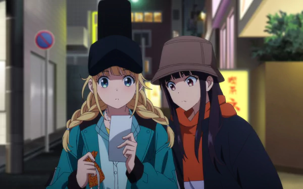 Eiko Tsukimi and her friend are captured in a vibrant nighttime scene from Ya Boy Kongming! showcasing their playful expressions, set against a lively city backdrop.