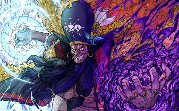 HD anime desktop wallpaper featuring One Piece character Marshall D. Teach unleashing dark energy with intense expression and vibrant mystical effects.