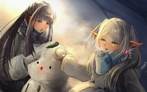 Anime-style 8K Ultra HD wallpaper featuring Frieren and Fern from Frieren: Beyond Journey's End, capturing a serene moment in soft, detailed artwork.