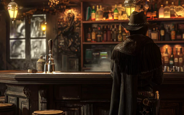 A sheriff standing in a dimly lit saloon, a perfect HD wallpaper embodying the Wild West theme.
