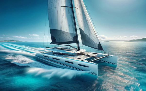 A stunning catamaran sails smoothly across vibrant blue waters, showcasing its sleek design and powerful sails, making it a captivating HD desktop wallpaper and background.