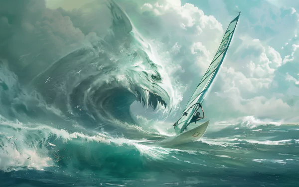 HD wallpaper of a windsurfer riding colossal waves, with a dynamic and surreal ocean backdrop.