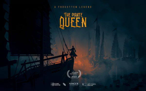 HD desktop wallpaper for 'The Pirate Queen: A Forgotten Legend' video game featuring silhouetted ships and a figure at dusk.