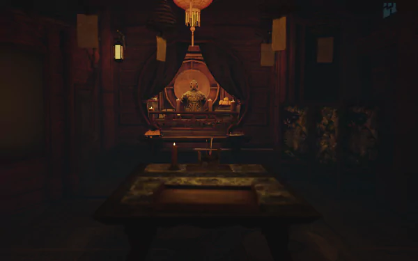 HD desktop wallpaper of The Pirate Queen: A Forgotten Legend video game featuring a dimly lit room with an ornate table and mysterious ambiance.