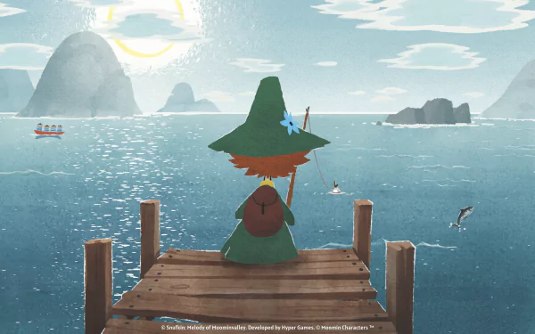 HD desktop wallpaper featuring Snufkin from Snufkin: Melody of Moominvalley video game, poised on a serene dock with a scenic ocean view, for fans and gamers alike.