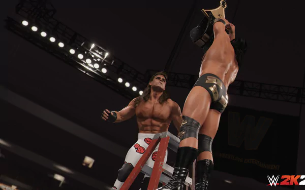 A dynamic scene from WWE 2K24, featuring a dramatic moment with a wrestler climbing a ladder to grab a championship belt, set against an intense arena backdrop.