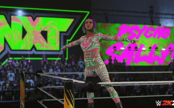 WWE 2K24 video game HD wallpaper featuring a wrestler posing in the ring with vibrant graphics.