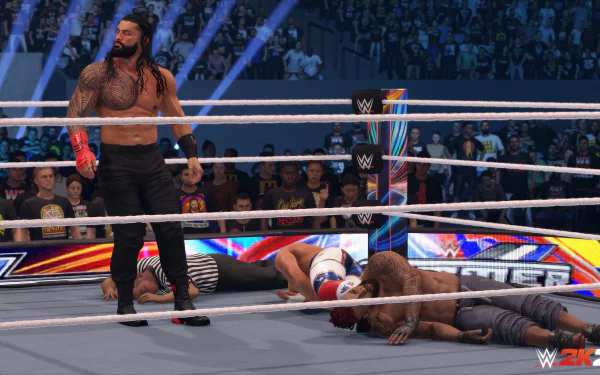 HD desktop wallpaper featuring a WWE 2K24 video game scene with a wrestler standing victorious in the ring while opponents are down.