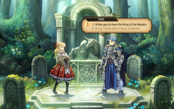 HD wallpaper featuring two characters from the Unicorn Overlord video game set in an enchanted forest scene.