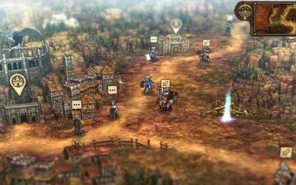 HD desktop wallpaper featuring a scene from the Unicorn Overlord video game with characters and buildings on a fantasy map.
