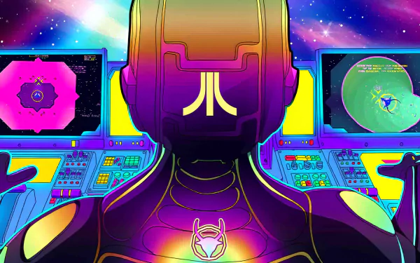 HD wallpaper featuring central figure in front of control panels from the video game Akka Arrh with vibrant cosmic background.