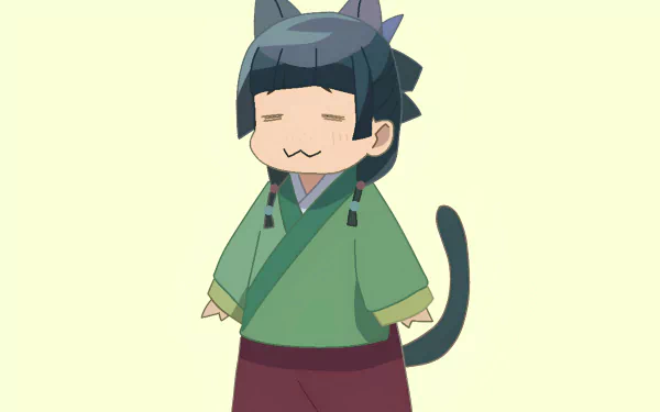 Chibi-style Maomao from The Apothecary Diaries anime, wearing a green robe with a black cat tail and ears, set on a light background for HD PC desktop wallpaper.