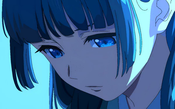 Close-up of Maomao from the anime The Apothecary Diaries, featuring detailed blue eyes and dark hair in an HD PC desktop wallpaper style.