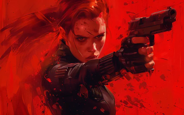 HD desktop wallpaper featuring dynamic Black Widow fan art with intense red background.