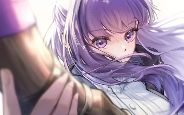 Fern from Frieren: Beyond Journey's End — close-up anime portrait, purple hair and intense gaze, wind-swept strands as she grips a staff. 2K Quad HD PC desktop wallpaper/background.