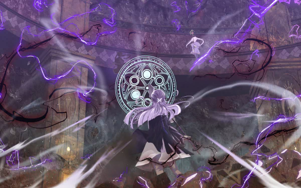 Anime scene from Frieren: Beyond Journey's End featuring Frieren and Fern surrounded by magical purple energy, depicted in a 4K Ultra HD PC desktop wallpaper style.