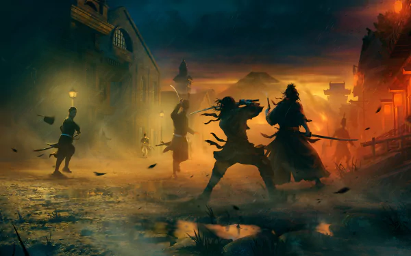 A dramatic HD wallpaper from the video game Rise of the Rōnin, featuring silhouettes of warriors in a misty, atmospheric setting with vibrant colors and dynamic poses.