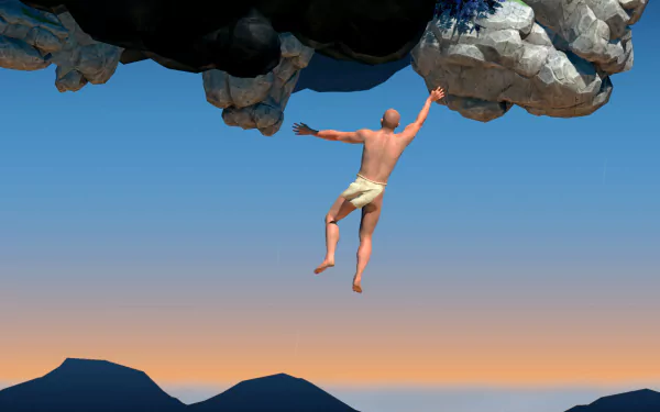 HD desktop wallpaper featuring a challenging video game scene with a character climbing a rock against a sunset backdrop
