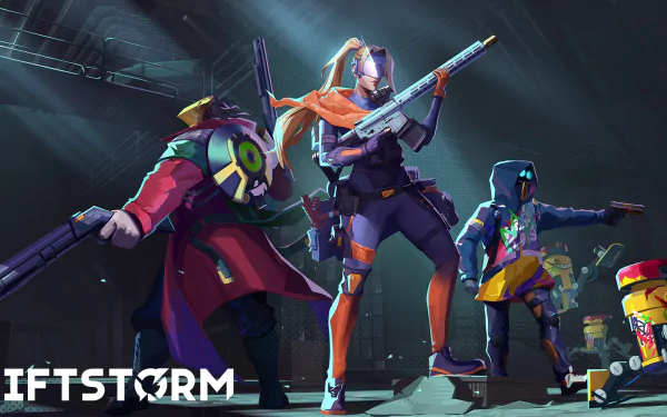 HD desktop wallpaper featuring characters from the video game Riftstorm in dynamic poses with vivid colors.