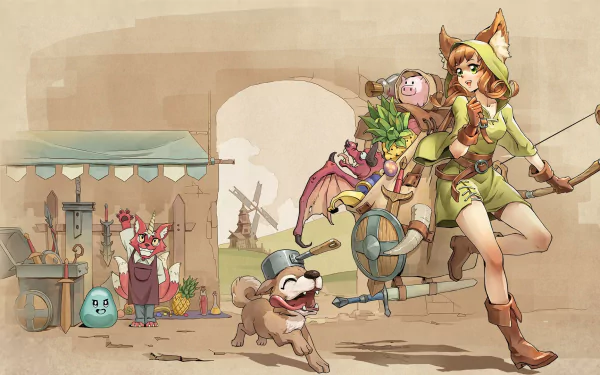 HD wallpaper featuring characters from the video game Backpack Battles, with a whimsical adventurer and charming creatures set in a fantasy marketplace backdrop.