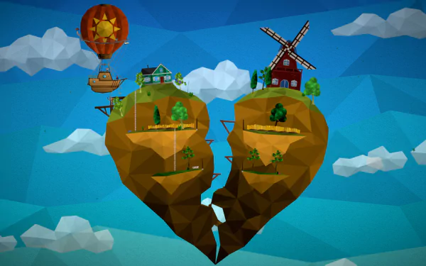 HD desktop wallpaper featuring a stylized heart-shaped island from the video game Passing By - A Tailwind Journey, with a hot air balloon and a windmill, set against a low-poly blue sky with clouds.