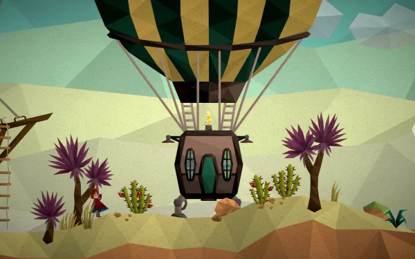 HD wallpaper featuring a hot air balloon from the video game Passing By - A Tailwind Journey, with stylized desert scenery and vibrant purple plants.