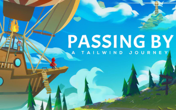 HD desktop wallpaper featuring 'Passing By - A Tailwind Journey' video game with a vibrant airship scene.