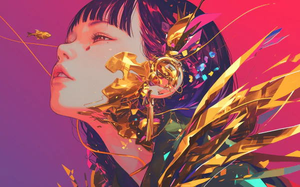 HD anime girl desktop wallpaper with vaporwave aesthetics, featuring a female character with gold mechanical detailing.