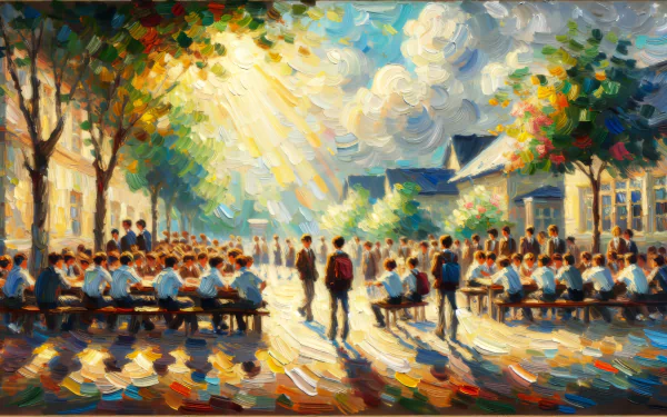Impressionist-style painting of high school students at an outdoor assembly with sunlight filtering through trees as a HD desktop wallpaper and background.
