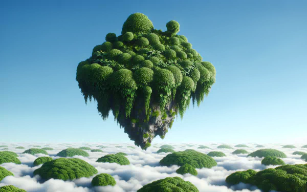 A vibrant flying island, lush with greenery, hovers serenely above fluffy clouds under a clear blue sky, creating a captivating and serene desktop wallpaper backdrop.