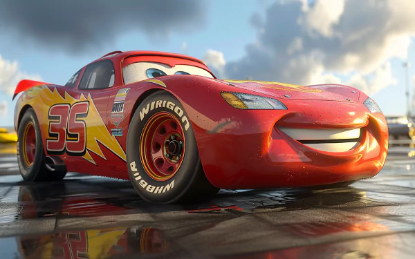 HD desktop wallpaper featuring an animated red sports car with vibrant racing decals on a glossy wet surface reflecting the sky.