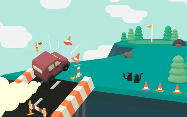 HD What the Golf? video game desktop wallpaper featuring whimsical golf course with a car, cones, and cartoonish obstacles.